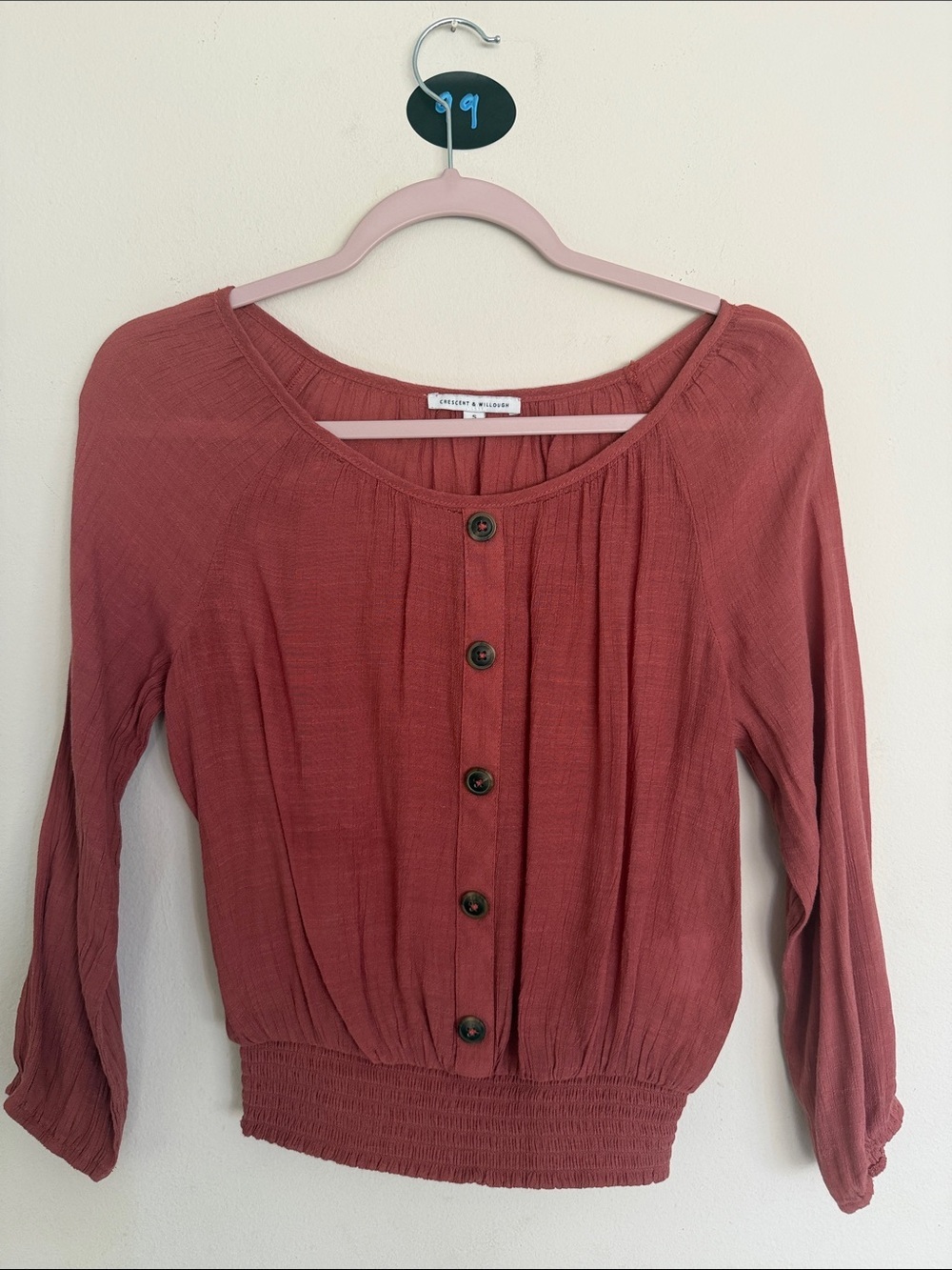 Crescent & Willough Rust-Red Button-Front Peasant Top
